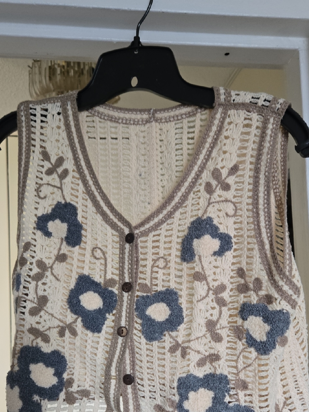 Cream Crochet Floral Button-Up Vest with Blue Flowers